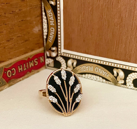 14K Black Onyx and Diamond Pussy Willow Motif Ring