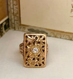 Vintage 18K Rectangular Filigree Ring with Beautiful Center Diamond