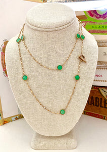 18K Gold and Green Chrysoprase Station Necklace with Bezel Set Diamonds