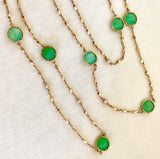 18K Gold and Green Chrysoprase Station Necklace with Bezel Set Diamonds