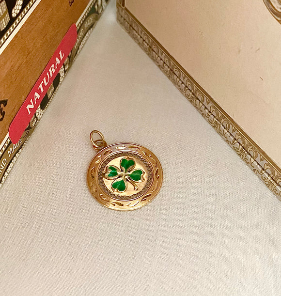 14K Disc Charm with Applied Antique Enamel Clover
