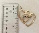 Huge Double Engine Turned Heart 14K Pendant with Colorful Gemstones