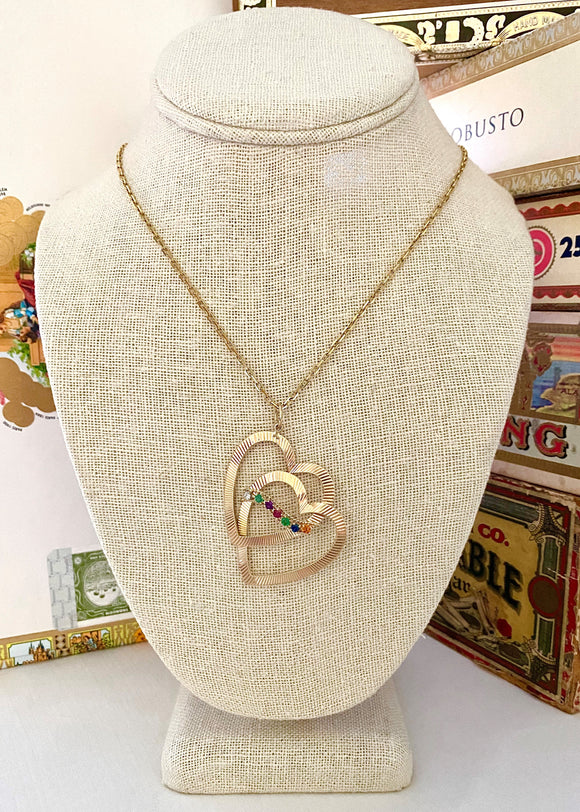 Huge Double Engine Turned Heart 14K Pendant with Colorful Gemstones